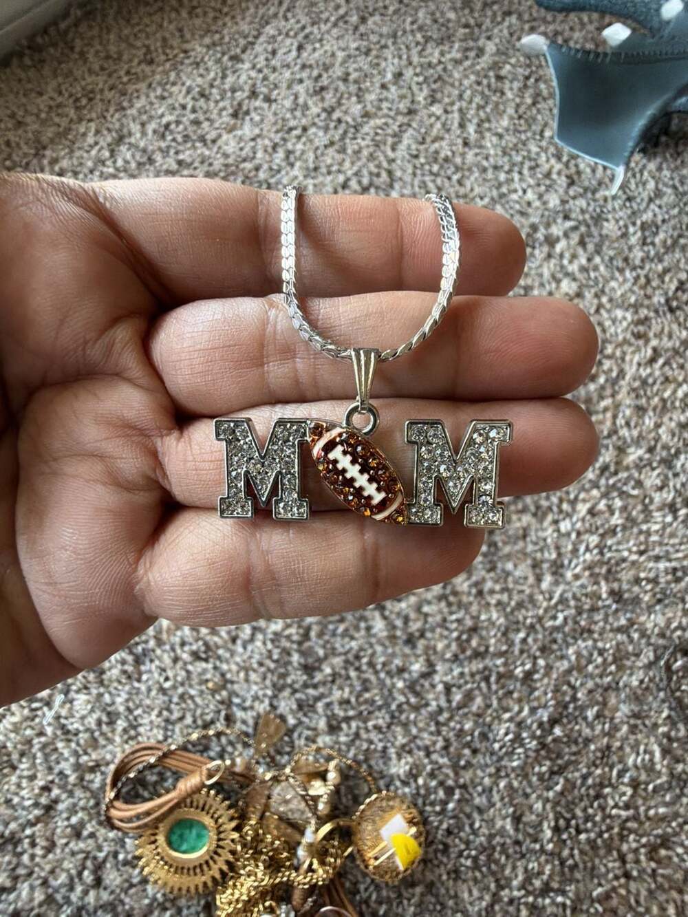 MOM Football Pendant Necklace with Rhinestone Embellishments (#s003)